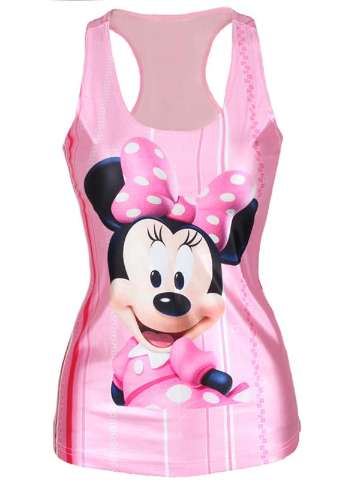 Women's Summer Fashion 3D Digital Pink Striped Cartoon Mickey Mouse Print Sleeveless Slim Fashion Vest Tanks T-shirt