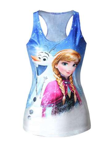 Summer Fashion Cartoons 3D Digital Frozen Ann Cartoon Print Sleeveless Slim Fashion Vest Tanks T-shirt