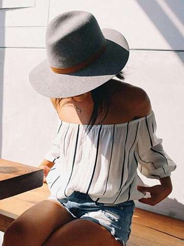 Women's Sexy Word Collar Blouse T-shirt Slim Fit Striped Chiffon Tops