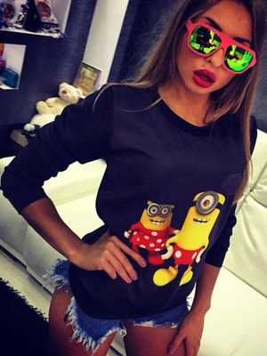 Cute Minion Tops Print Casual Sweatshirt Black Pullovers  Long Sleeve Tops Short Section Tops