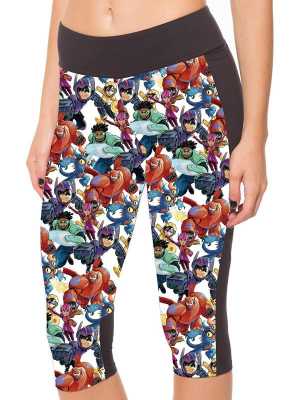 Fashion Womens Polyester Fibers Elastic Digital Print Big Hero 6 3/4 Leggings For Yoga Workout Fitness Exercise