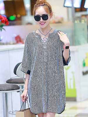 Summer Fashion Casual Half Sleeve Long Blouses Lady Stripes Loose Dress Chiffon Blouses Dress Outwear