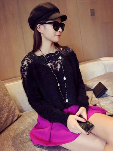 Women's Autumn Fashion Mohair Lace Stitching Round Neck Long-sleeved Hedging Sweater