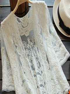 Women's Fashion Lace Hallow Out Cover Up Sexy Blouse Sunscreen Top Outwear