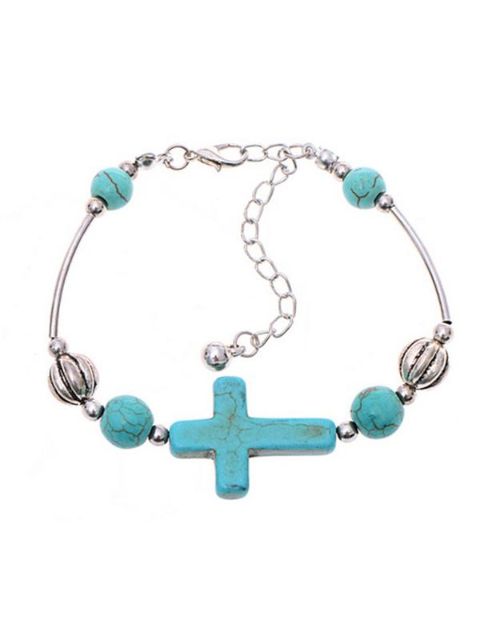Hot Fashion Turquoise Beads Silver Plated Corss Bracelet Handmade Accessories Jewelry Gifts