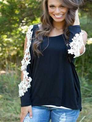 Women Sexy Long Sleeve Off Shoulder Embroidery Floral Lace Crochet Tees & T-Shirts Tops Blouse