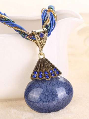 Women's New Dark Blue Round Crystal Stone Chain Bohemian National Wind Pendant Necklace