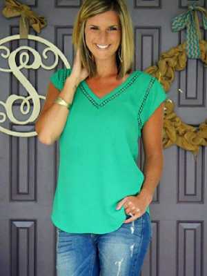 Women's Fashion Plus Size Green T-shirt Short Sleeve V-neck Slim Fit Tops