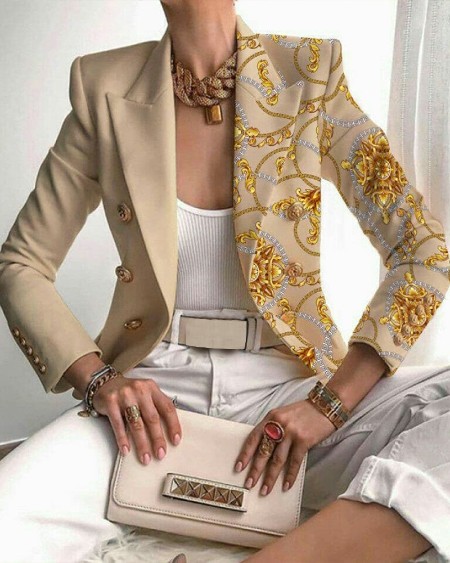 Scarf Print Patchwork Lapel Collar Double Breaster Blazer