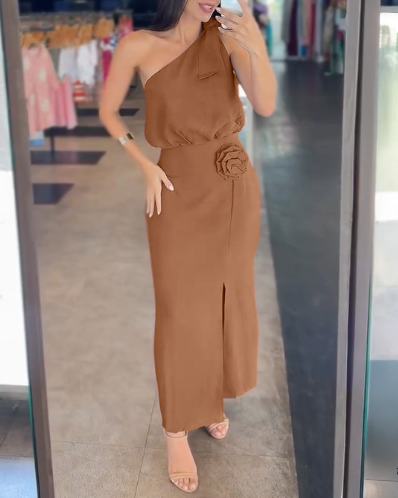 2 Pieces Outfit One Shoulder Sleeveless Elastic Hem Crop Top and 3D Flower Decor High Waist Slit Dress Set