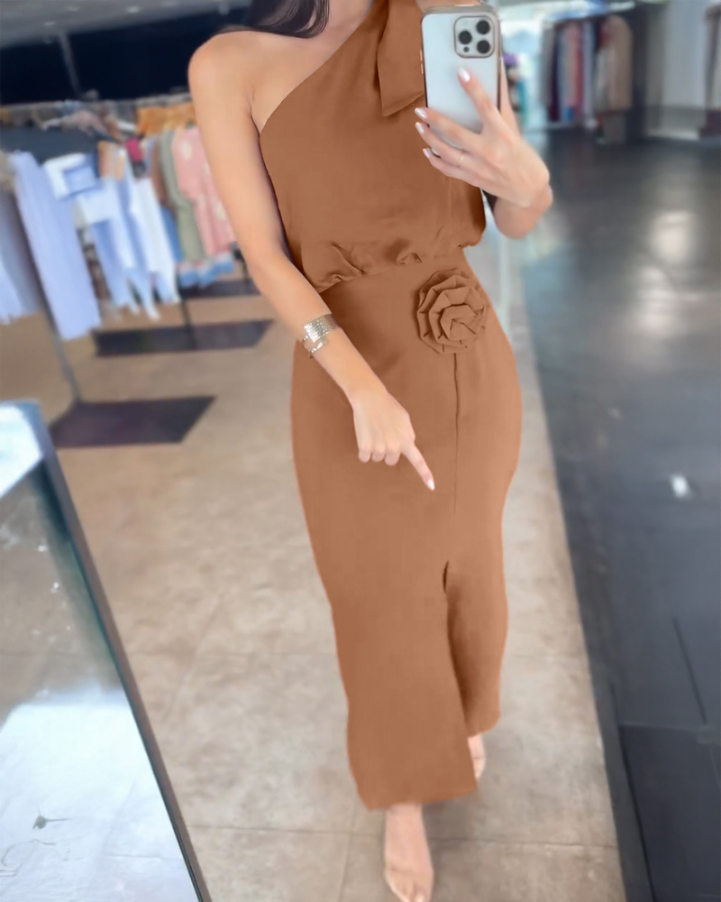 2 Pieces Outfit One Shoulder Sleeveless Elastic Hem Crop Top and 3D Flower Decor High Waist Slit Dress Set