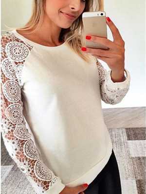 Women Casual Plus Size Long Sleeve Lace Blouses Floral T-shirt Tops
