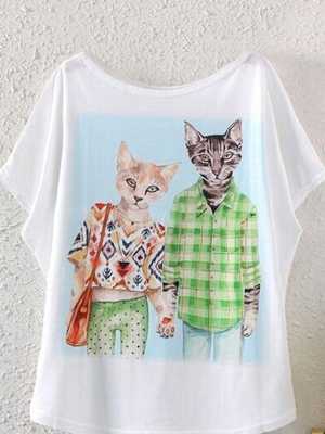 Women Fashion Bat Sleeve Worker Cat 3D Printed Loose Blouse Shirt Vest Tank Tops