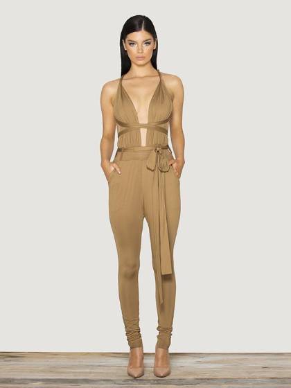 Elegant High Waist Rompers Jumpsuits One Shoulder Full Length Pants Overalls (Khaki,S-XL)