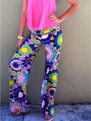 Women Fashion Floral Print Casual Pants Loose Elastic High Waist Wide Leg Long Pants