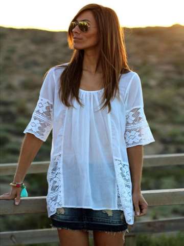 Women's Plus Size White T-shirt Lace Stitching Blouse Casual Loose Chiffon Tops