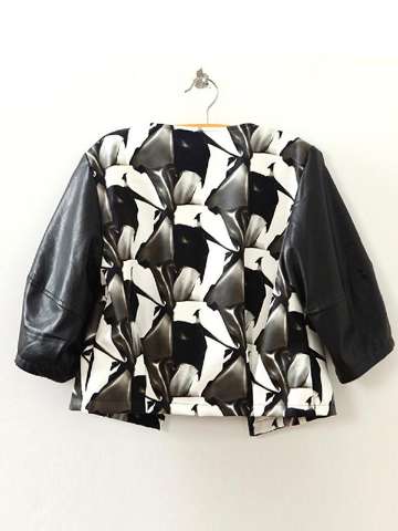 New Fashion Women's Retro Floral Print PU Leather Short Coat Half Sleeve O-Neck Jacket