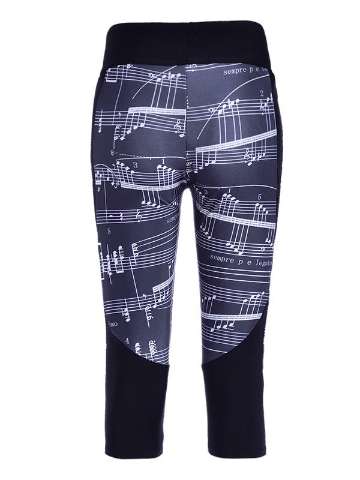Fashion Womens Polyester Fibers Elastic Digital Print Black Base Music Score High Waisted Lift The Hips 3/4 Leggings For Yoga Workout Fitness Exercise