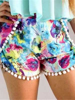 Women Hawaii Sweet High Waisted Tassel Floral Tribal Beach Shorts
