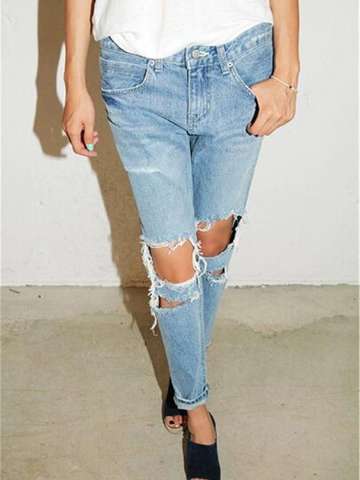 Women's Denim Pants Big Hole Destroyed Ripped Jeans Capris Pencil Pants Wornout Boyfriend Jeans