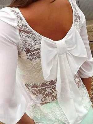 Ladies Sexy Back Bow-knot Casual Tops Blouse Lace Stitching Slim Fit Blouse