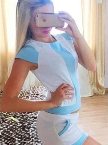 Women's Stitching Phase Color Sports Suit Short Sleeve Jogger Pullover Tops+Slim Sweatpants Shorts