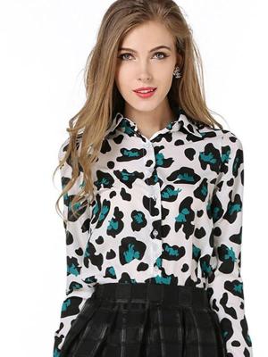 Ladys Leopard Print Long Sleeve Tops Turn-down Collar Blouse