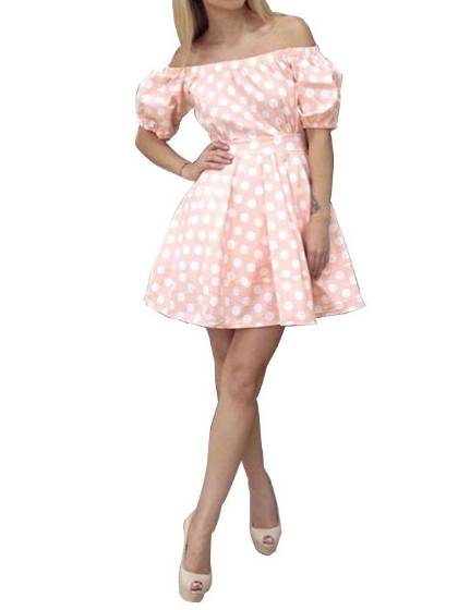 Women Summer Casual Off Shoulder Puff Sleeve Evening Party Cocktail Short Polka Dot Mini Dress
