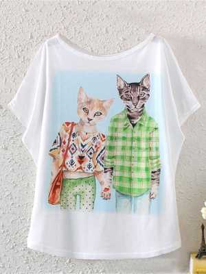 Women Fashion Bat Sleeve Couple Cat 3D Printed Loose Blouse Shirt Vest Tank Tops