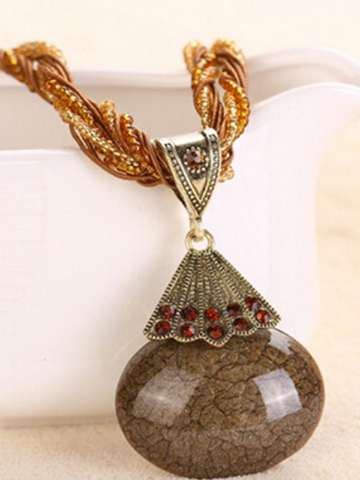 Women's New Coffee Round Crystal Stone Chain Bohemian National Wind Pendant Necklace