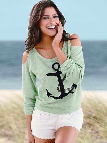 Fall Fashion Women's Anchors Print Strapless T-shirt Long Sleeve Crewneck Cotton Tops