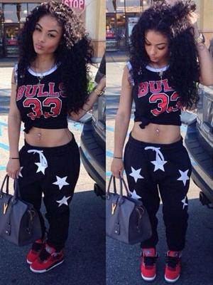 Women 2pcs Number Print Hipster Sleeveless Sports Suit Tank and Harem Pants Street Style