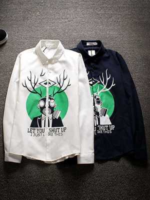 Autumn New Fashion Unisex Gas Defense Print Long Sleeve Shirts Linen Casual Slim Korean Couple Shirt Boyfriend Shirt