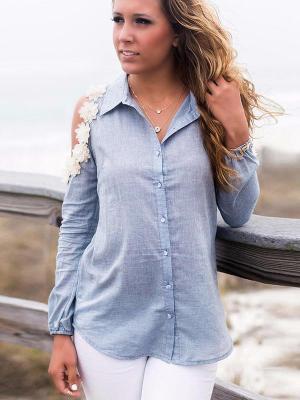 201509autumn Women's Sexy Shoulder Hollow Out Lace Flower Stitching Lapel Blouse T-shirt Slim Fit Gray Tops