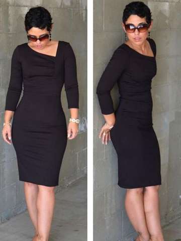 Women Long Sleeves Black Slim Fit Bodycon Midi Dress Sexy Night Out Club Wear