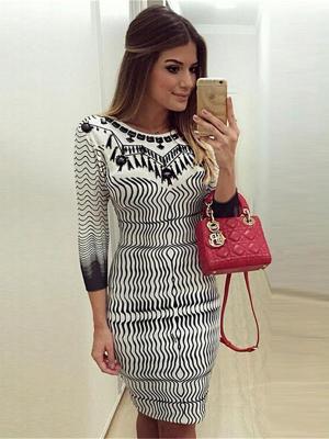 Women's Long Sleeve Striped Print Pencil Dress OL Style