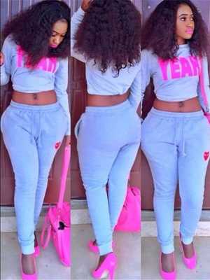 Women's Sexy 2pcs Sports Suit Letters Printing Pullover Mid Waist Sweatpants