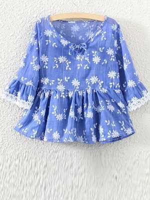 Women's New Fashion Cute Hot Sale Floral Print Lotus Leaf Sleeve Loose Shirt Blouse Tops