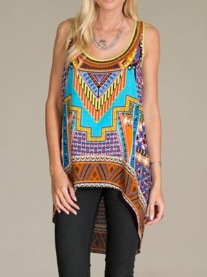 Sexy Women's Summer Sleeveless Print Vest O Neck Short Tee T-shirt Irregular Blouse