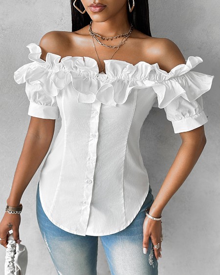 Off the Shoulder Short Sleeve Blouses Asymmetrical Button Ruffles Blouses