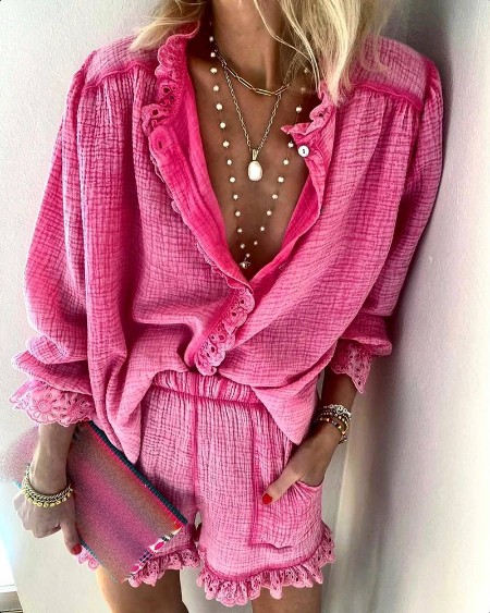 Eyelet Embroidery Patch Top & Pocket Design Shorts Set