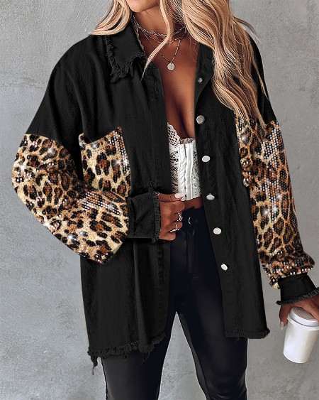 Contrast Leopard Sequin Patchwork Long Sleeve Jacket Top Button Front Raw Hem Shacket