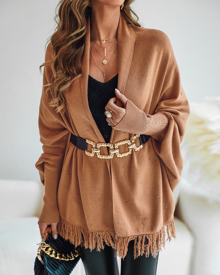 Tassel Design Long Sleeve Slit Cardigan Fashion Versatile Warm Cape Shawl