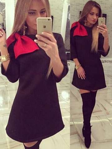 Elegant Women Ladys Black Slim fit Dress with Red Bowtie On the Shoulder Party Dress Clubwear