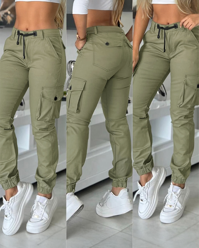 Multiple Pockets Design Cuffed Cargo Pants Slim Fit Trousers