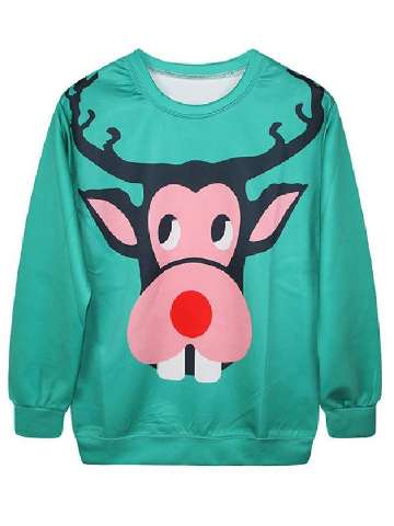 Unisex Holiday Season Christmas Elf Head Printed Sweatershirt Blue