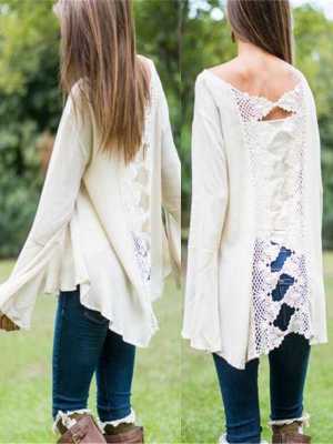 Women Long Sleeve Crochet Lace Back Knitwear Sweaters Casual Tops