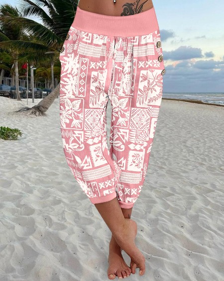 Tribal Plants Print Low Waist Button Decor Capris Pants Vacation Pants with Pocket