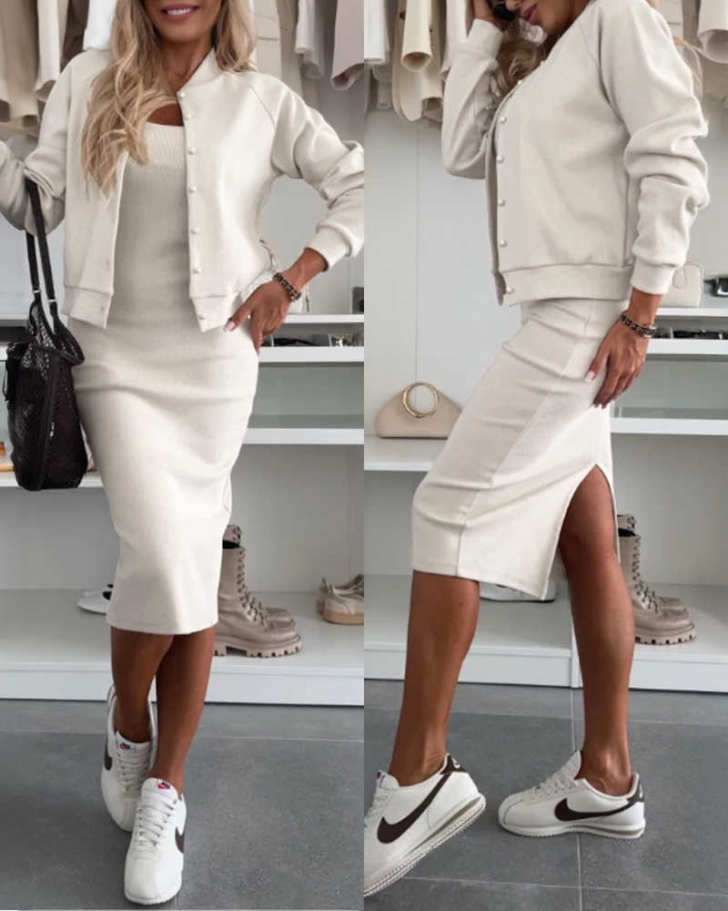 2 Pieces Outfit U-Neck Slit Back Slim Fit Knit Tank Dress and Pearl Button Front Baseball Coat Casual Ribbed Set