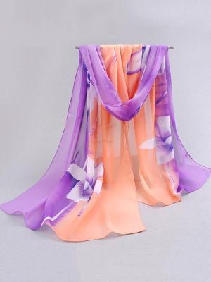 New Women's Autumn Winter Bright Flowers Printed Wild Chiffon Warm Scarves Shawl Purple And Orange Gradient Long Cappa